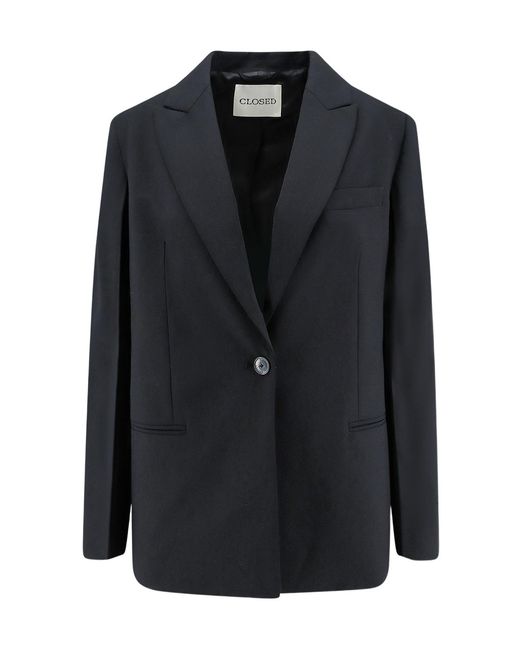 Closed Black Single-Breasted Peak-Lapel Blazer