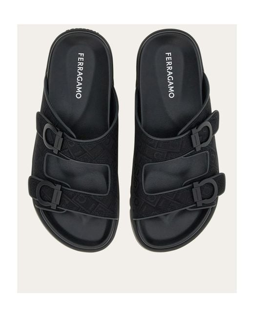 Ferragamo Black Logo Double Strap Slippers for men