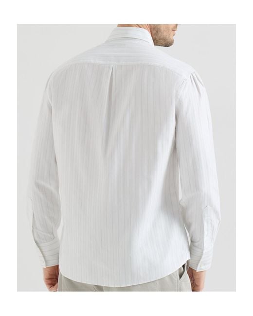 Brunello Cucinelli White Cotton Textured Striped Chevron Shirt With Button-Down Collar for men