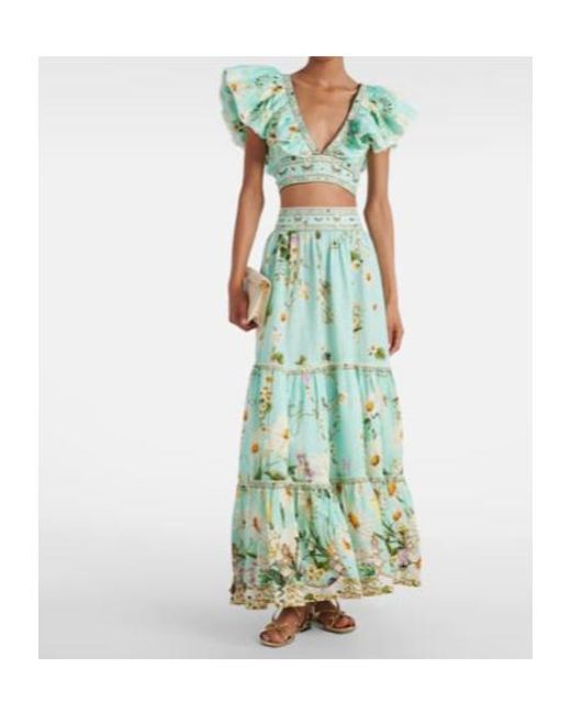 Camilla Green Floral Tiered Linen Maxi Skirt