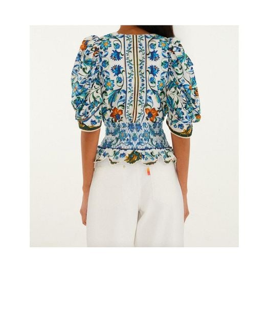 Farm Rio Blue V-Neck Floral-Pattern Top