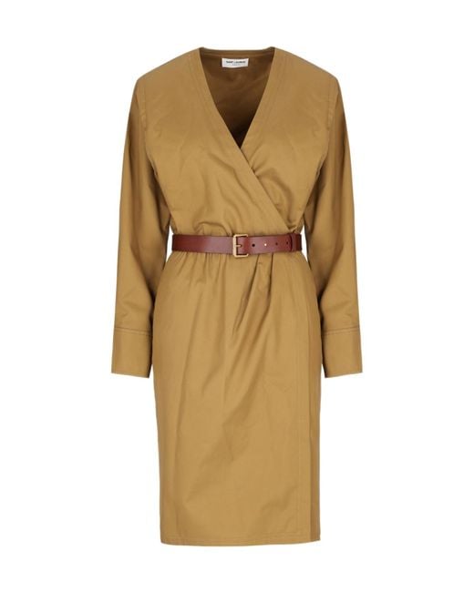 Saint Laurent Natural V-Neck Belted Dress