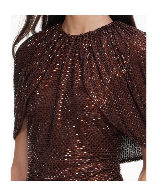 Self-Portrait Brown Sequin-Embellished Cape-Sleeve Top