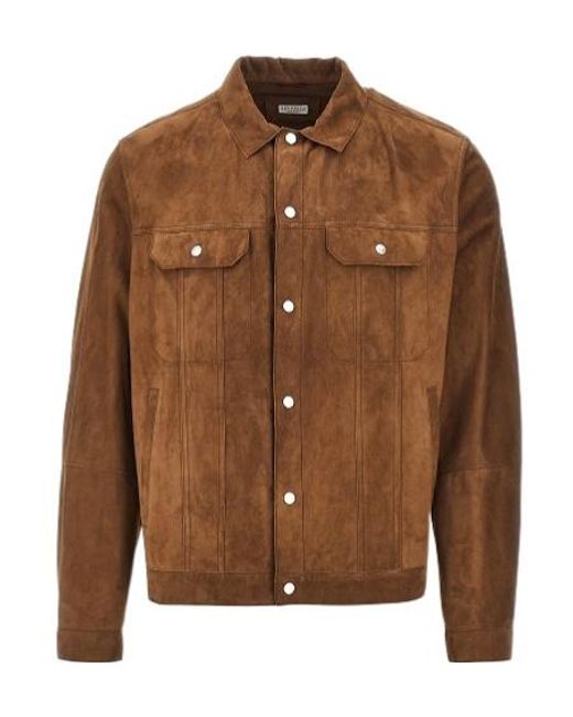 Brunello Cucinelli Brown Suede Button-Up Jacket for men