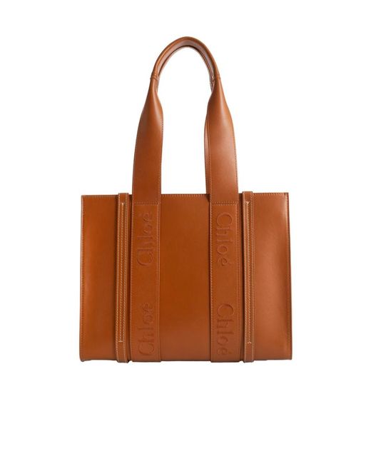 Chloé Brown Chloé Woody Logo Embroidered Medium Tote Bag