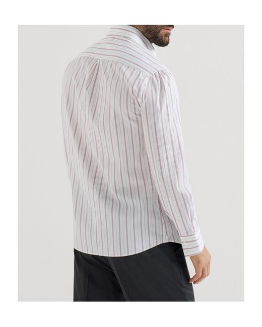 Brunello Cucinelli White Stripe-Pattern Button-Down Collar Shirt for men