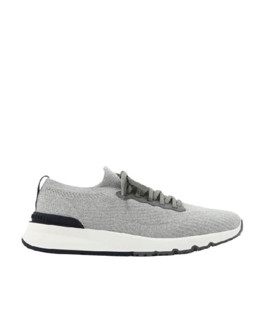 Brunello Cucinelli White Knitted Lace-Up Sneakers for men
