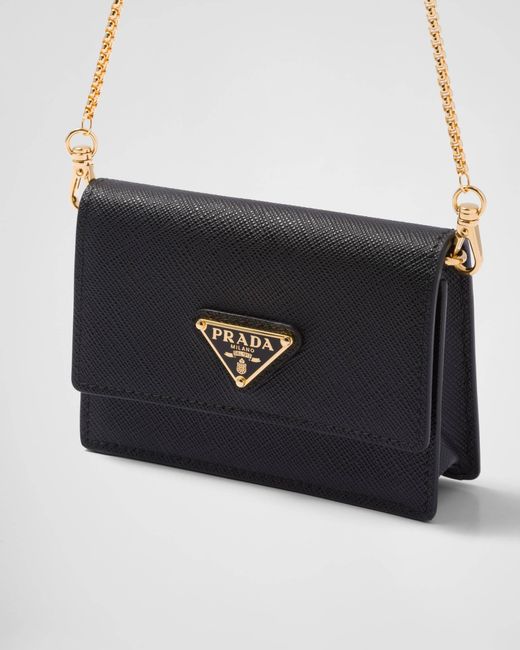Prada White Saffiano Leather Card Holder With Shoulder Strap