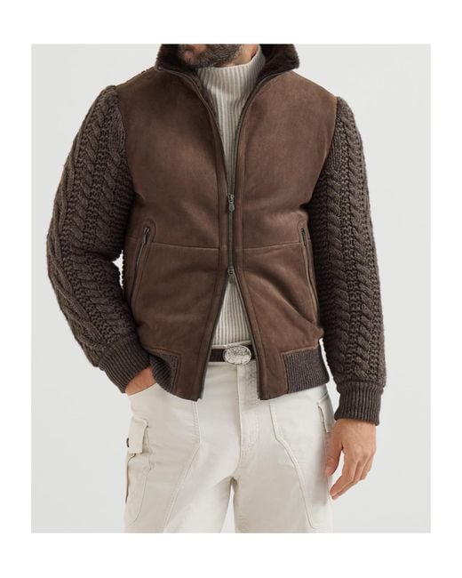 Brunello Cucinelli Brown Suede Shearling And Cashmere Knit Bomber Jacket With Thermore Padding for men