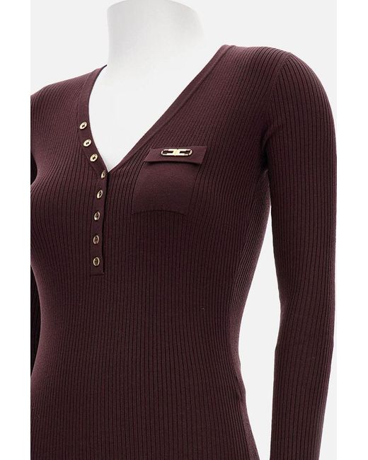 Elisabetta Franchi Red Ribbed V-Neck Buttoned-Up Dress