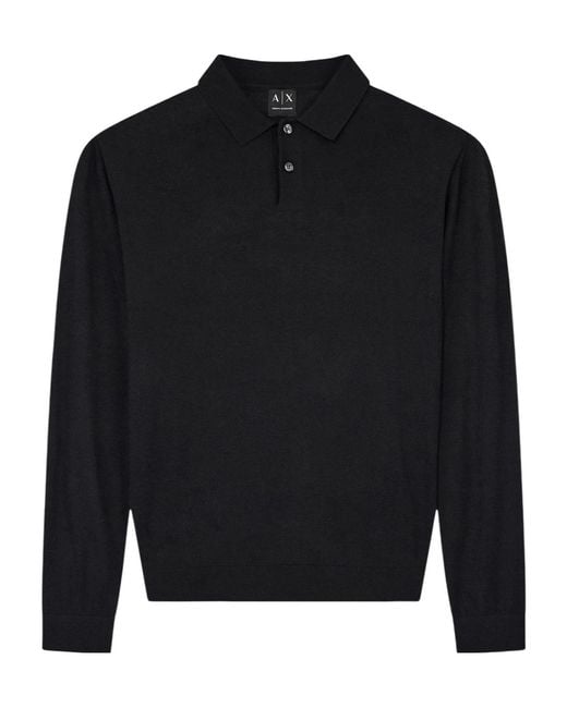 ARMANI EXCHANGE Black Long-Sleeve Knitted Polo Shirt for men