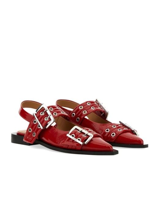 Ganni Red Feminine Buckle Slingback Ballerinas