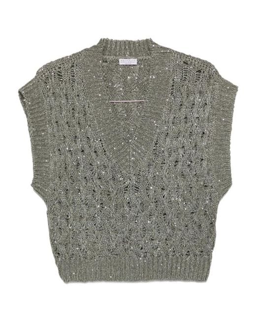 Brunello Cucinelli Gray Dazzling V-Neck Cable Vest