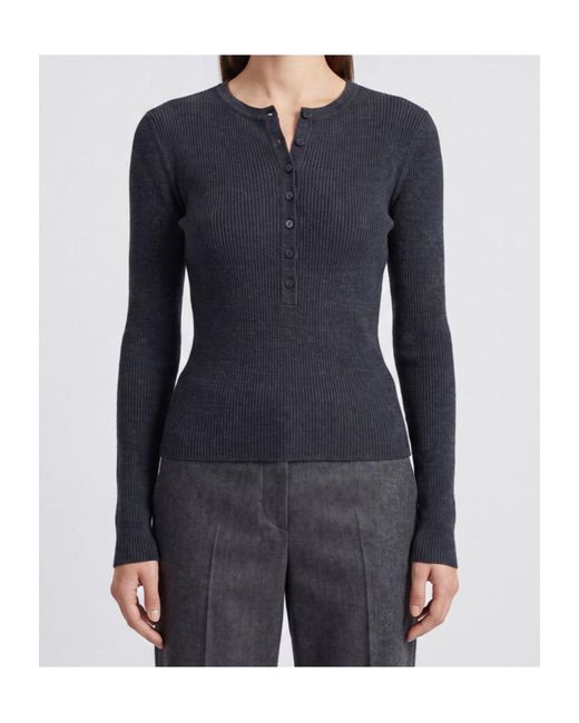 Lisa Yang Blue Airi Ribbed Henley Knitted Sweater