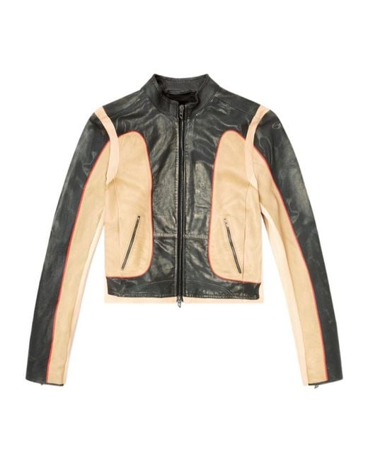 DIESEL Black Leather Jacket With Panel Design Loonie