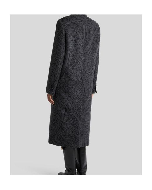 Etro Black Double-Breasted Wool Jacquard Coat With Paisley Motif