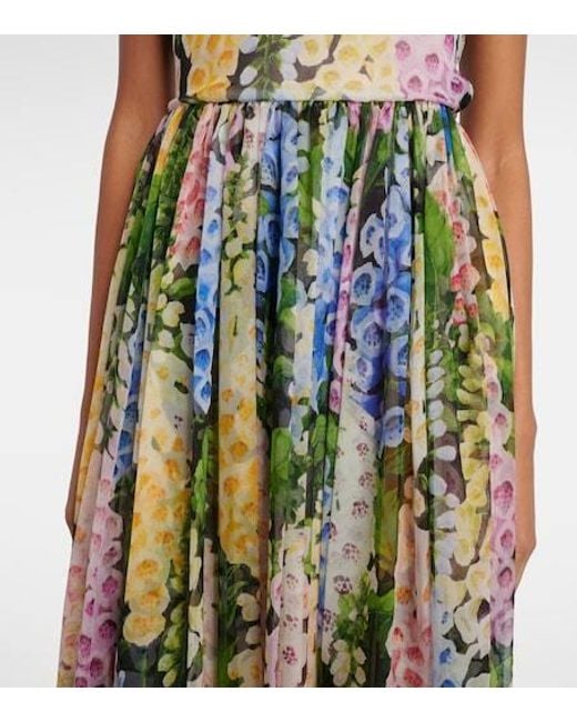 Oscar de la Renta Blue Floral Gathered Silk Chiffon Gown