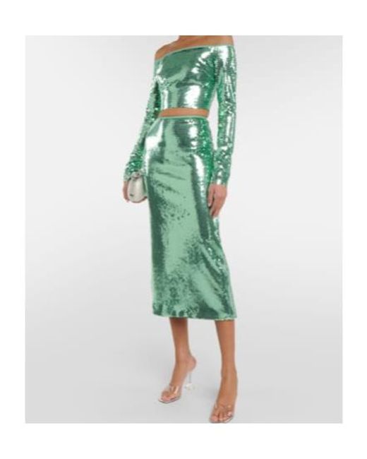 David Koma Green Sequined Off-Shoulder Crop Top