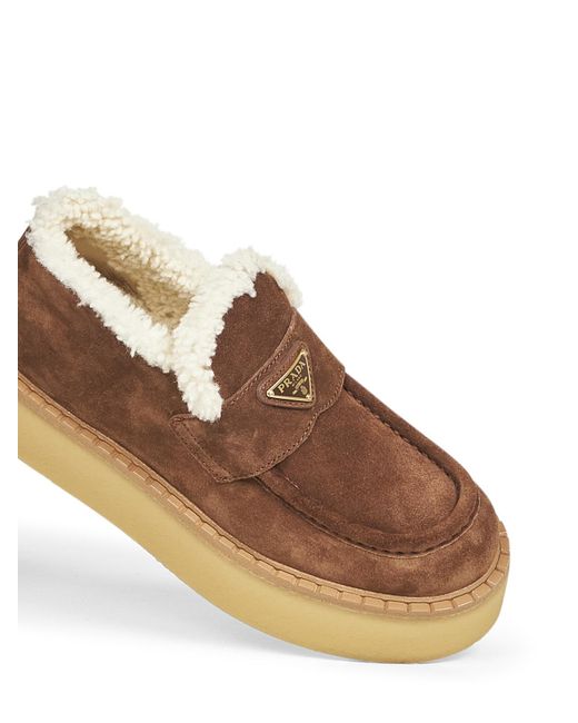 Prada Brown Triangle-Logo Round-Toe Loafers