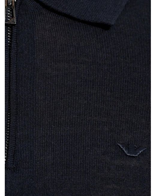 Emporio Armani Blue Zip-Neck Embroidered Logo Polo Shirt for men