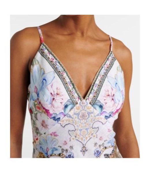 Camilla White Crystal-Embellished Linen Slip Dress