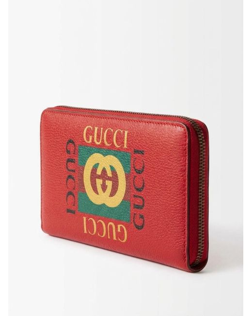 Gucci Red Print Leather Zip Around Wallet