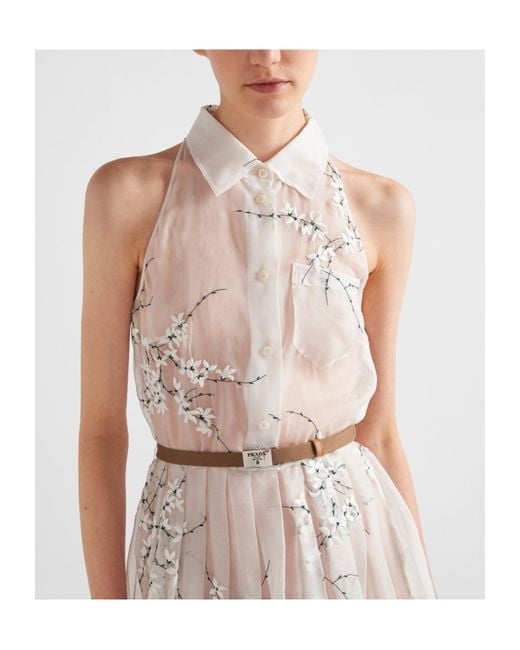 Prada White Floral-Embroidered Silk Midi Dress