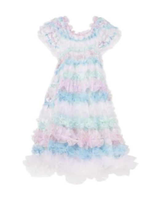 SUSAN FANG Blue Air-Flower Floral Tulle Midi Dress