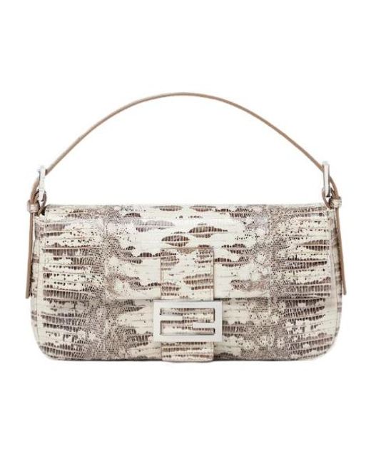 Fendi Metallic Baguette 26424 Parchment-Coloured Lizard-Leather Bag