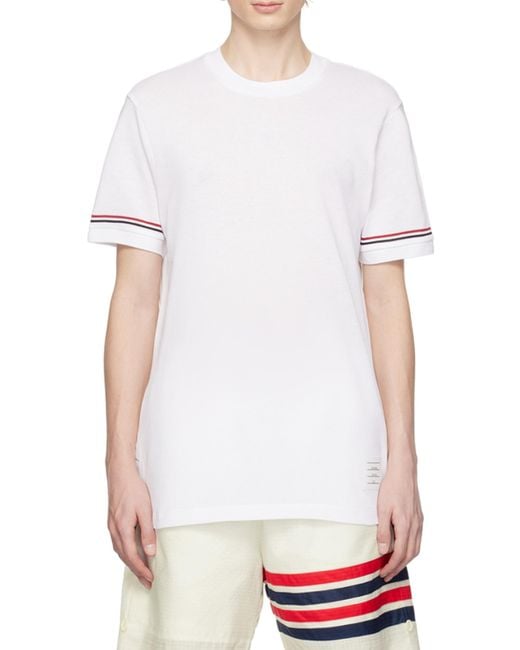 Thom Browne White Stripe Detailed Crewneck T-Shirt for men