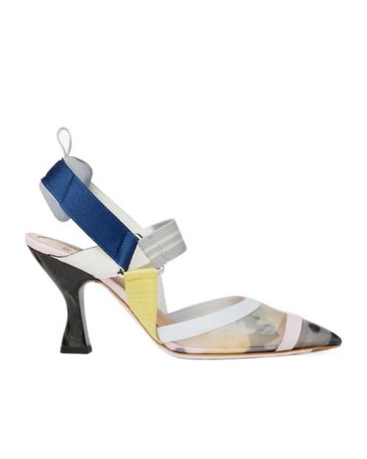 Fendi Blue Colibrì Mesh High-Heeled Slingback Pumps