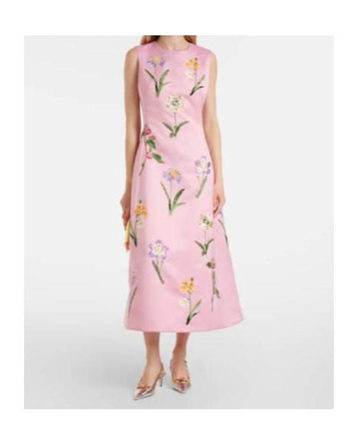 Leo Pink C Floral Embroidered Satin Midi Dress