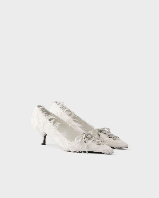 Prada White Feather-Embellished Satin Pumps