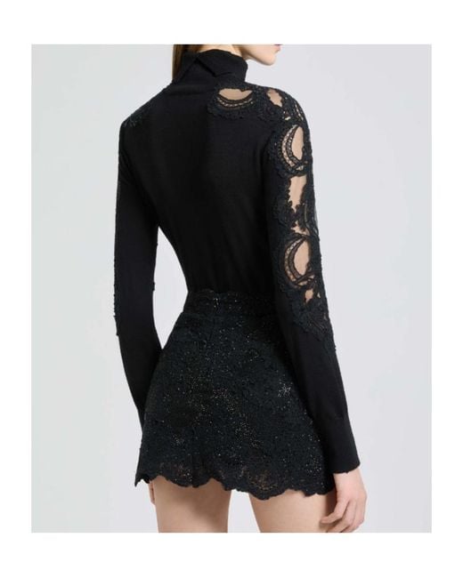 Ermanno Scervino Black Long-Sleeved Virgin Wool Turtleneck Sweater With Lace And Crystals