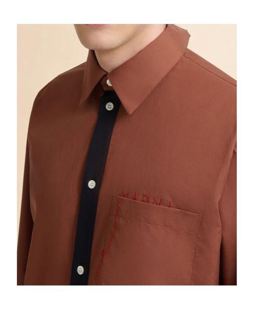 Marni Brown Cotton Poplin Shirt With Mending Logo for men