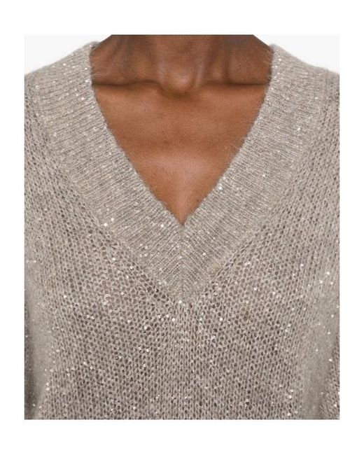 Brunello Cucinelli Natural Sequin-Embellished V-Neck Sweater