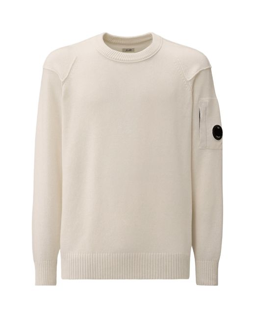 C P Company White Crewneck Lens Jumper for men