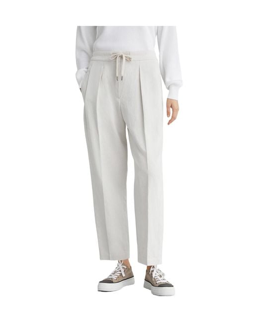 Brunello Cucinelli White Pleated Straight-Leg Pants