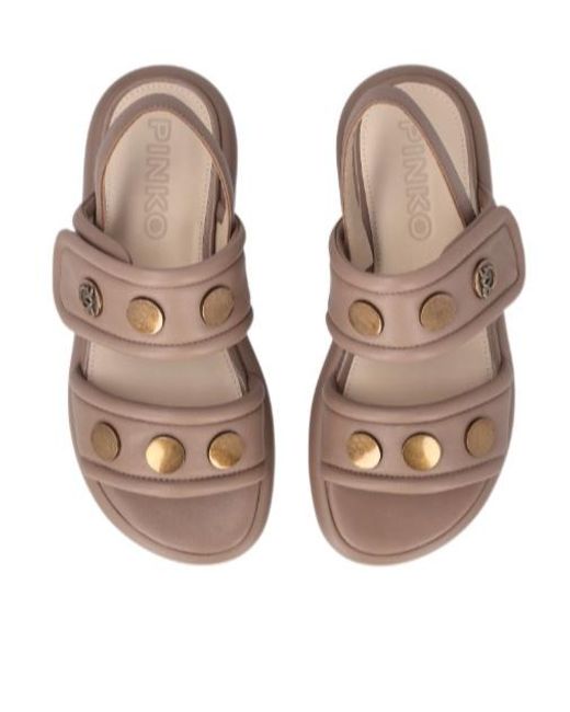 Pinko Brown Studded Logo Detail Sandals
