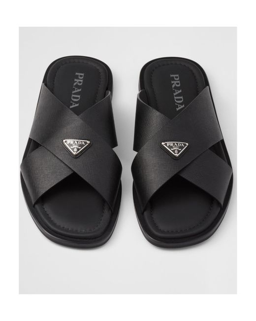 Prada Black Crisscross Saffiano Leather Sandals for men