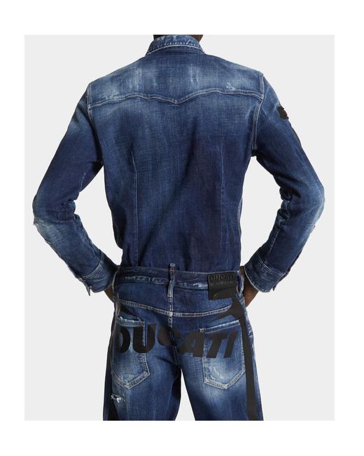 DSquared² Blue X Ducati Denim Fashion Distressed Western Shirt for men