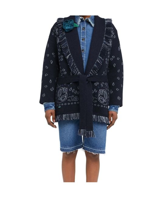 Alanui Blue Paisley-Jacquard Fringe Coat