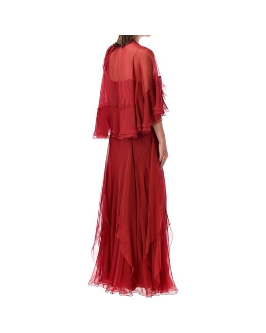 Alberta Ferretti Red Ruffled Crewneck Chiffon Gown
