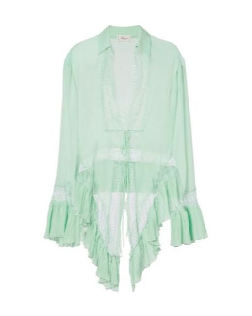 Blumarine Green Lace-Trimmed Sheer Georgette Shirt