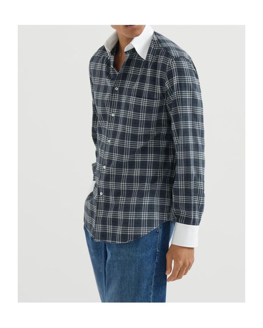 Brunello Cucinelli Blue Cotton And Lyocell Tartan Flannel Shirt With Contrast Italian Collar And Cuffs for men