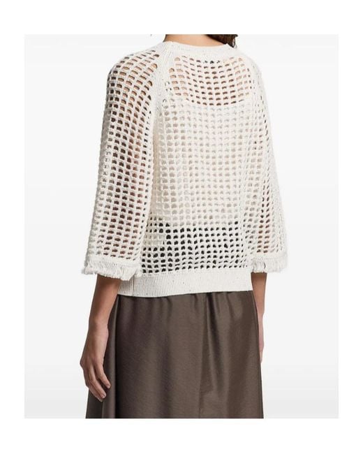 Peserico White Open-Knit Fringed Knitted Jumper