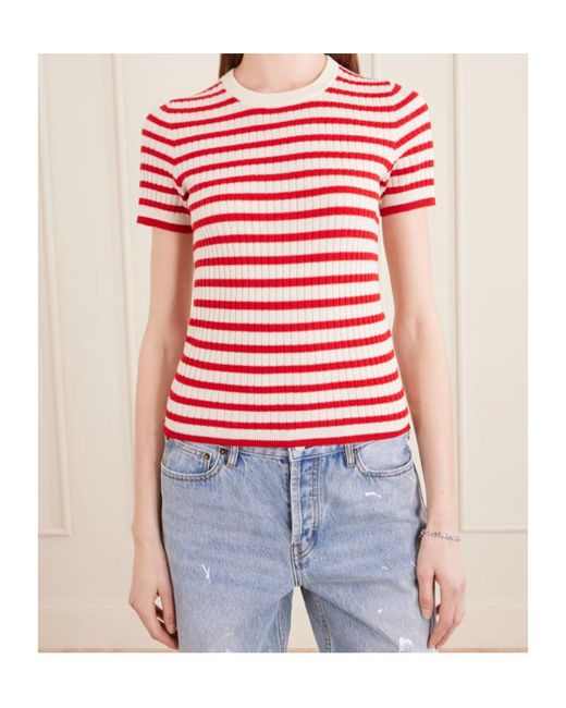 Nili Lotan Red Alita Striped Cashmere T-Shirt