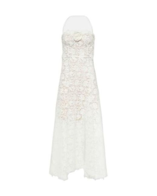 Oscar de la Renta White Floral-Appliqué Guipure Lace Gown