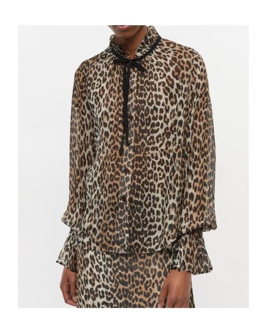 Ganni Gray Leopard Printed Chiffon Tie String Shirt