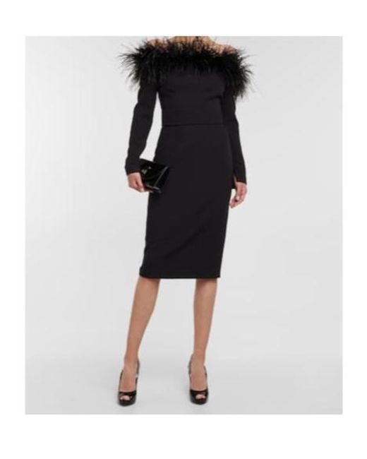 Safiyaa Black Feather-Trimmed Midi Dress